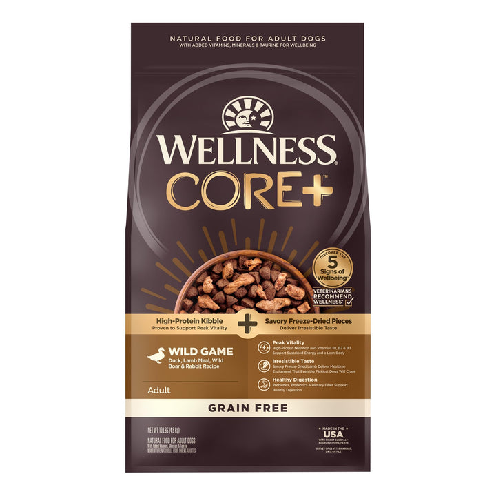 Wellness CORE+ (Formerly RawRev) Natural Grain Free Dry Dog Food, Wild Game Duck, Wild Boar & Rabbit with Freeze Dried Lamb, 10-Pound Bag 10 Pound (Pack of 1)