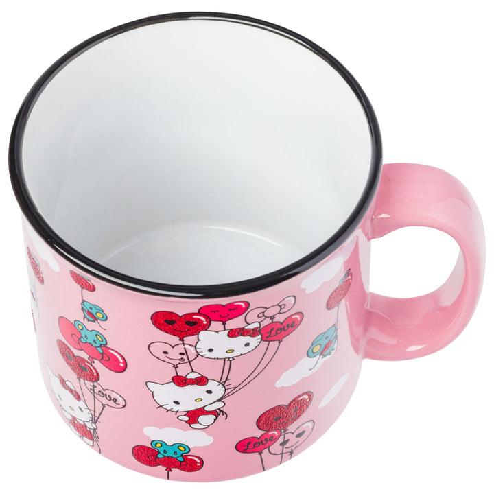 Silver Buffalo Sanrio Hello Kitty Red and Pink Heart, Bow, and Apple Balloons Glitter Pattern Featuring Joey the Mouse Ceramic Camper Mug, 20 Ounces Heart and Bow Balloons