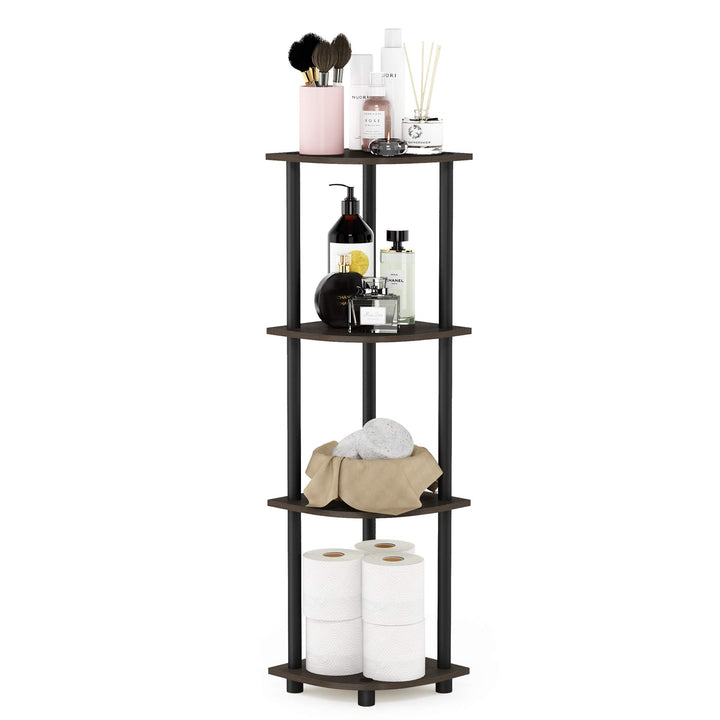 Furinno Turn-N-Tube 4-Tier Corner Display Rack Multipurpose Shelving Unit, Dark Brown Grain/Black 4-Tier Round Tube