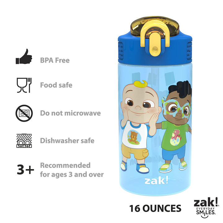 Zak Designs CoComelon Kids Water Bottle with Spout Cover and Built-In Carrying Loop, Made of Durable Plastic, Leak-Proof Water Bottle Design for Travel (16 oz, Pack of 2) 2 Count (Pack of 1) CoComelon 2pk