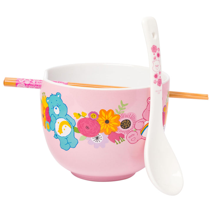 Silver Buffalo Care Bears Flash Floral Ceramic Ramen Bowl with Chopsticks and Spoon, 20 Ounces