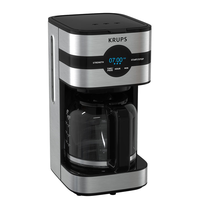 Krups Coffee Maker 10 Cups Digital Simply Brew Stainless Steel Drip Coffee Maker 900 Watts Digital Control, Coffee Filter, Drip Free, Dishwasher Safe Pot Silver and Black 10-Cup Glass & Digital