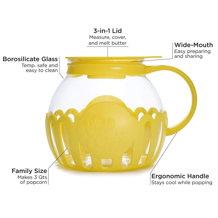 Ecolution Patented Micro-Pop Microwave Popcorn Popper with Temperature Safe Glass, 3-in-1 Lid Measures Kernels and Melts Butter, Made Without BPA, Dishwasher Safe, 3-Quart, Yellow 3-Quart Family Size