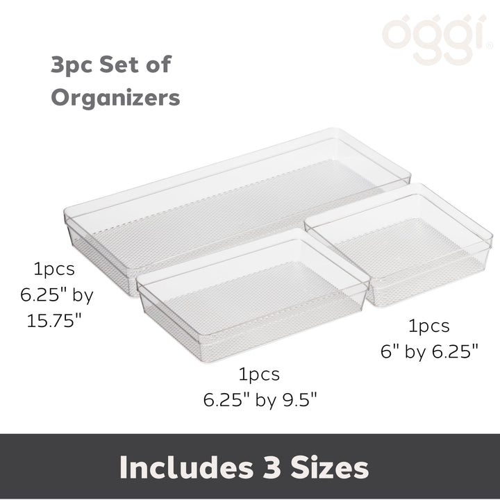 Oggi Set of 3 Clear Drawer Organizers - (1) 6x6.25, (1) 6.25x9.25, (1) 6.25x15.75 - Ideal for Organizing Kitchen Drawers, Office, Desk, Silverware, Kitchen Utensils, Cosmetics and Bathrooms