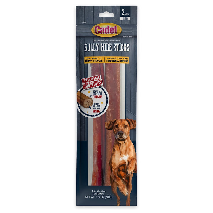 Cadet Bully Hide Sticks for Small, Medium and Large Dogs  All-Natural Beef Pizzle, High Protein, Low Fat, Long-Lasting, Grain & Rawhide-Free Dog Chews for Aggressive Chewers, Large (2 Count)