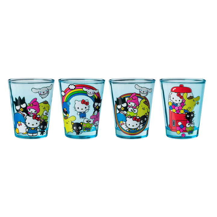 Silver Buffalo Sanrio Hello Kitty and Friends Featuring My Melody, Keroppi, Chococat, Pompompurin, Tuxedo Sam, Cinnamoroll, and Badtz-Maru 4 Pack Mini Glass Set, 1.5 Ounces Sanrio Group Shot