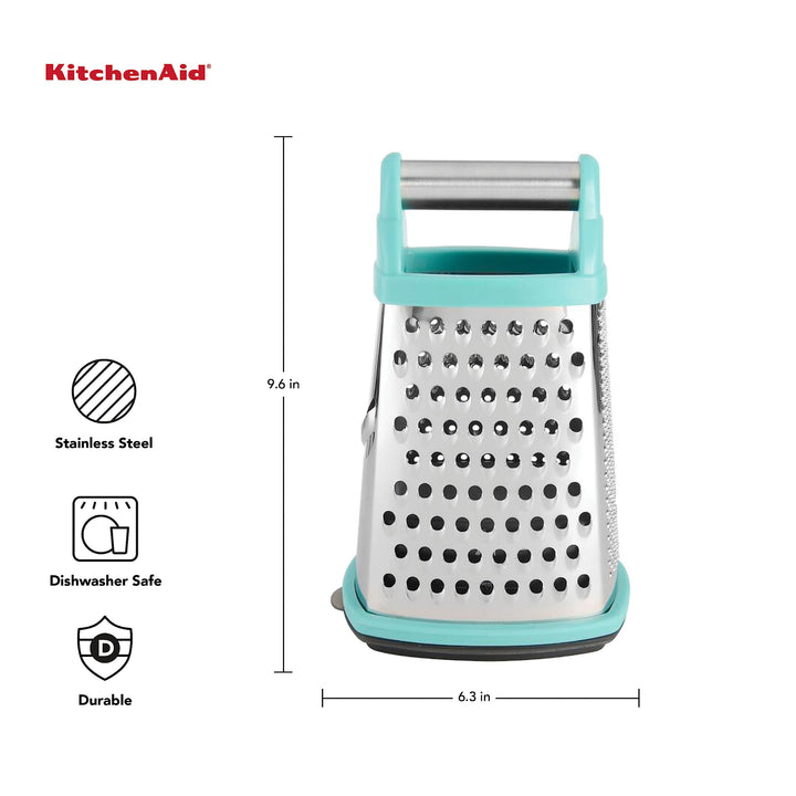 KitchenAid Gourmet 4-Sided Stainless Steel Box Grater for Fine, Medium and Coarse Grate, and Slicing, Detachable 3 Cup Storage Container and Measurment Markings, Dishwasher Safe, 10 inches tall, Aqua Aqua Sky 10 Inch