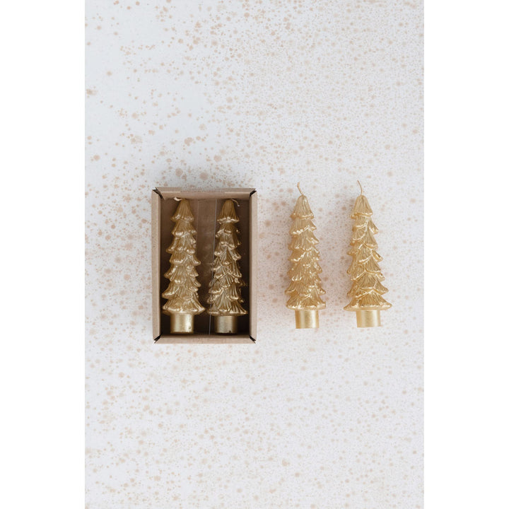 Creative Co-Op Unscented Textured Tree Shaped Taper Candles with Gold Tips in Box, Blue, Set of 2 Gold/Blue 5"