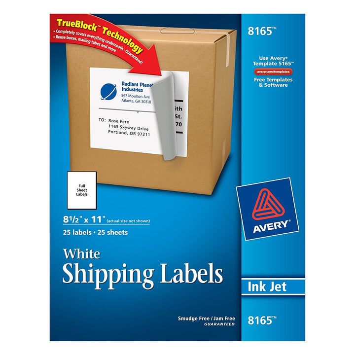 Avery Full Sheet Printable Shipping Labels, 8.5" x 11", White, 25 Blank Mailing Labels (8165) 25 labels