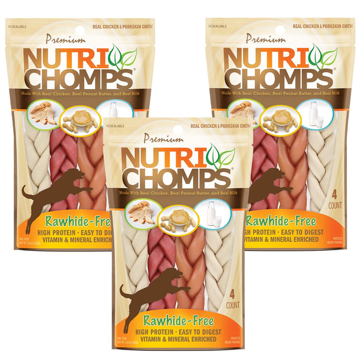 Nutri Chomps Dog Chews- 6-inch Braids,Easy to Digest, Rawhide-Free Dog Treats, Healthy, 4 Count, Real Chicken, Peanut Butter and Milk Flavors, Bundle of 3