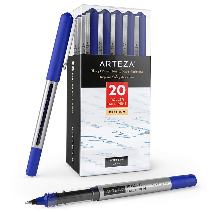 ARTEZA Rollerball Pens, Pack of 20, 0.5mm Blue Liquid Ink Pens for Bullet Journaling, Fine Point Rollerball, Office Supplies for Writing, Taking Notes & Sketching 20 Pack - 0.5 mm