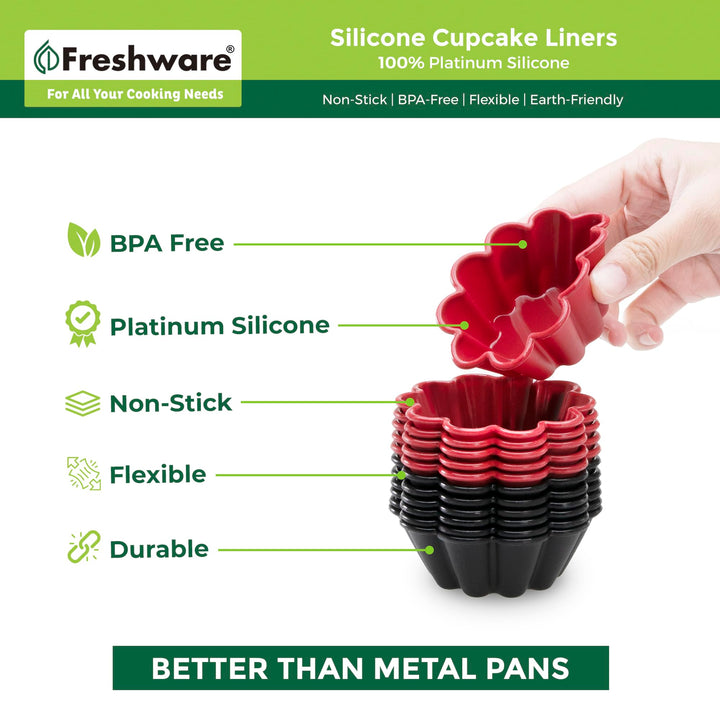 Freshware Cupcake Liners, Pack of 12 Silicone Muffin Cups, 3 Inch Silicone Baking Cups, Reusable & Non-stick Silicone Cupcake Liners for Party Halloween Christmas, Flower Red & Black Flower [12-Pack] New One Size