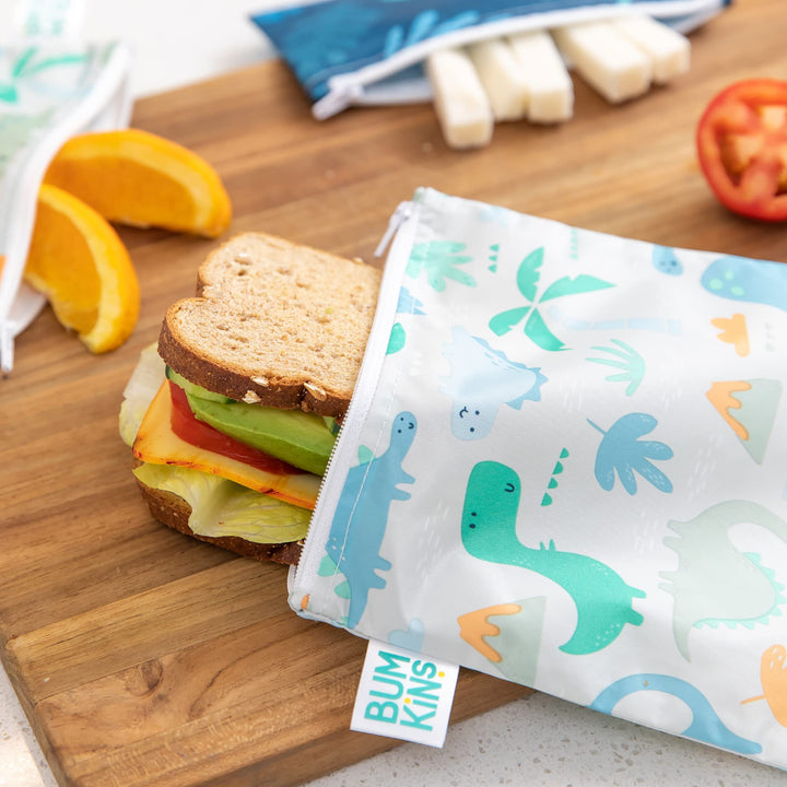 Bumkins Reusable Sandwich and Snack Bags, for Kids School Lunch and for Adults Portion, Washable Fabric, Waterproof Cloth Zip Bag, Travel Pouch, Food-Safe, Large 2-pk Blue Tropic and Dinosaurs