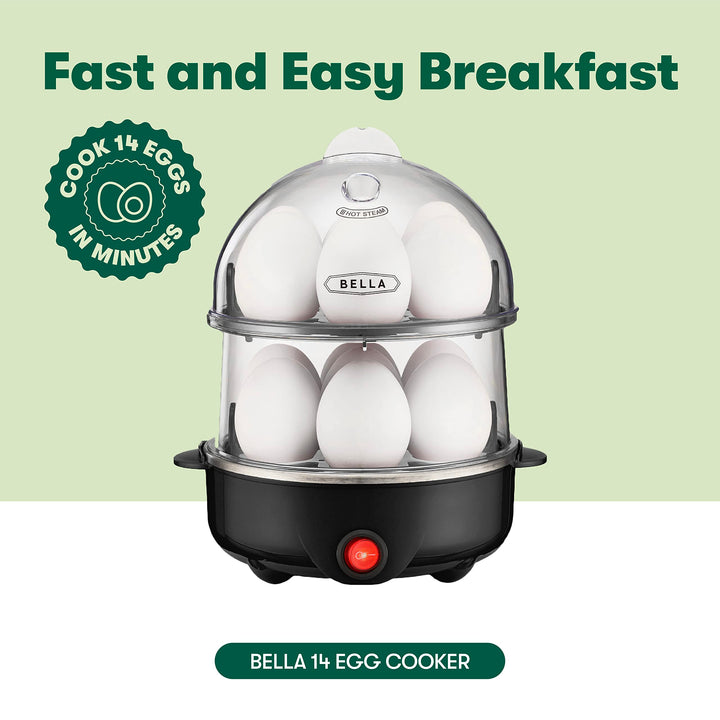 BELLA Rapid Electric Egg Cooker and Omelet Maker with Auto Shut Off, for Easy to Peel, Poached Eggs, Scrambled Eggs, Soft, Medium and Hard-Boiled Eggs, 14 Egg Capacity Tray, Double Tier, Black