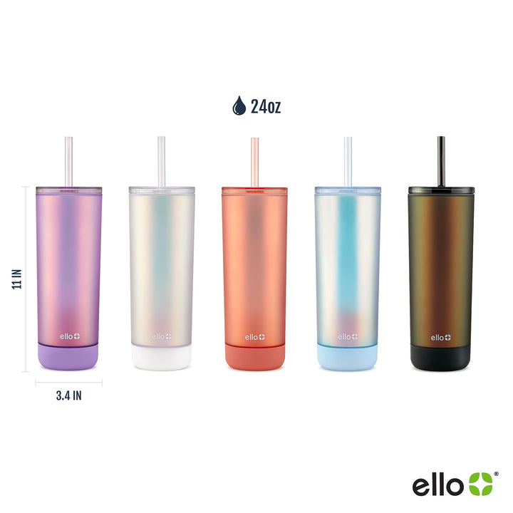 Ello Monterey Double Walled Insulated Plastic Tumbler with Straw and Built-in Coaster, BPA Free, 24oz Lilac