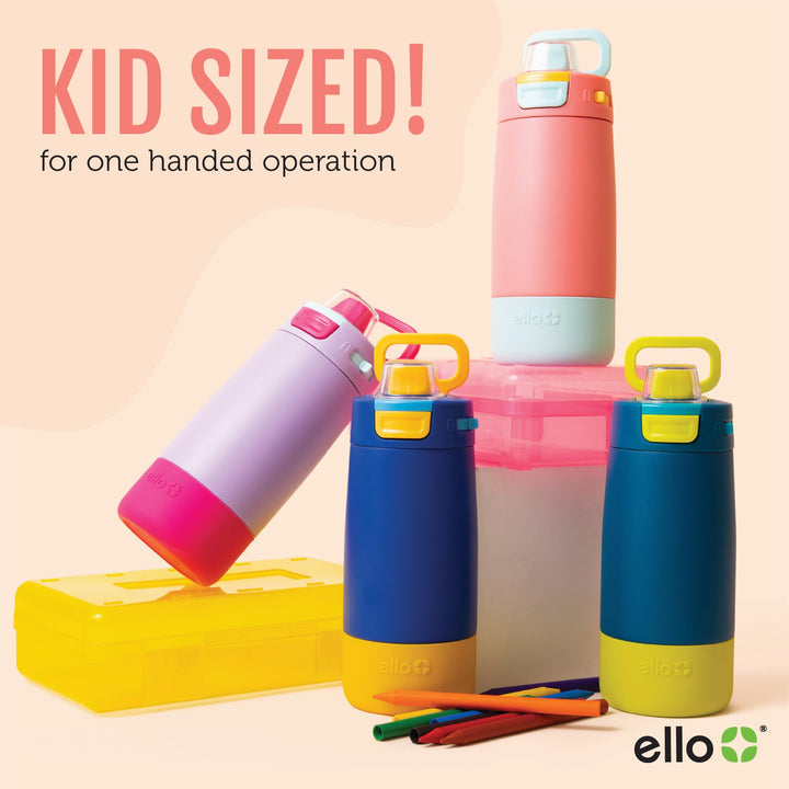 Ello Kids Colby 12oz Stainless Steel Insulated Water Bottle with Straw and Built-In Silicone Coaster Carrying Handle and Leak-Proof Locking Lid for School Backpack, Lunchbox, and Outdoor Sports Teal/Green