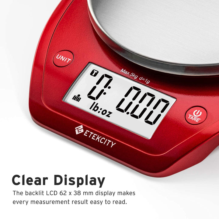 Etekcity 0.1g Food Kitchen Scale, Bowl, Digital Grams and Ounces for Weight Loss, Dieting, Baking, Cooking, and Meal Prep, 11lb/5kg, Stainless Steel Red Chili Red