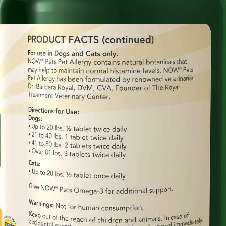 NOW Pet Health, Pet Allergy Supplement, Formulated for Cats & Dogs, NASC Certified, 75 Chewable Tablets Green/Yellow w/Speckles