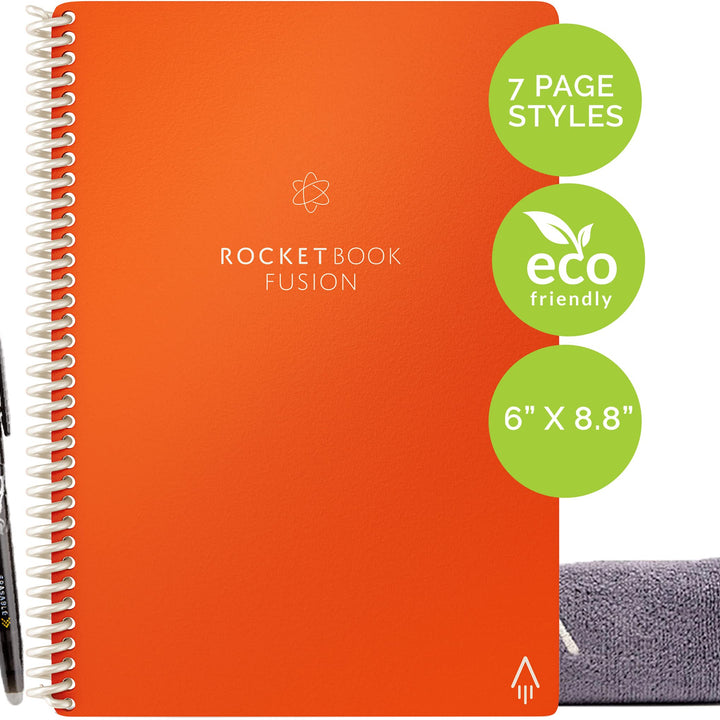 Rocketbook Planner & Notebook, Fusion : Reusable Smart Planner & Notebook | Improve Productivity with Digitally Connected Notebook Planner | Dotted, 6" x 8.8", 42 Pg, Beacon Orange 1 Executive