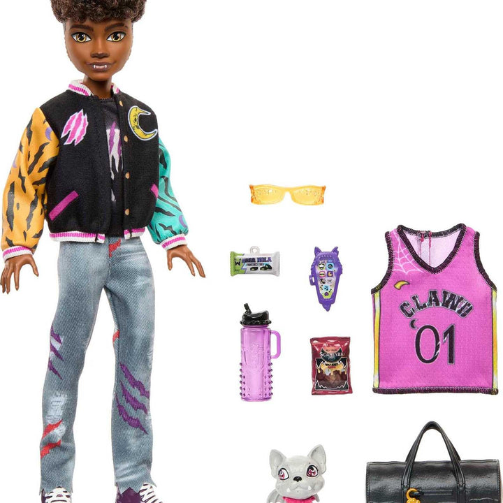 Monster High Doll, Clawd Wolf Werewolf with Pet Gargoyle Bulldog & Themed Accessories, Includes Casketball Jersey & Bag Black