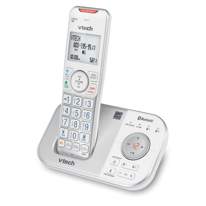 VTech VS112-17 DECT 6.0 Bluetooth Expandable Cordless Phone for Home with Answering Machine, Call Blocking, Caller ID, Intercom and Connect to Cell (Silver & White) 1 Handset