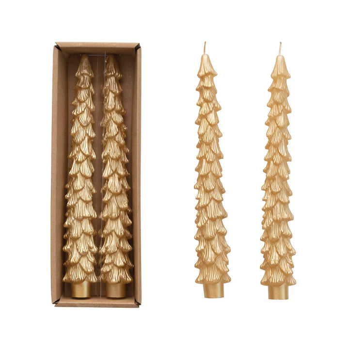 Creative Co-Op Unscented Textured Tree Shaped Taper Candles with Gold Tips in Box, Blue, Set of 2 Gold/Blue 5"