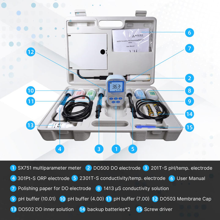 Apera Instruments SX751 pH/ORP/DO/Conductivity/TDS/Salinity/Resistivity/Portable Handheld Multiparameter Meter Kit, Silver pH/Conductivity/DO/ORP