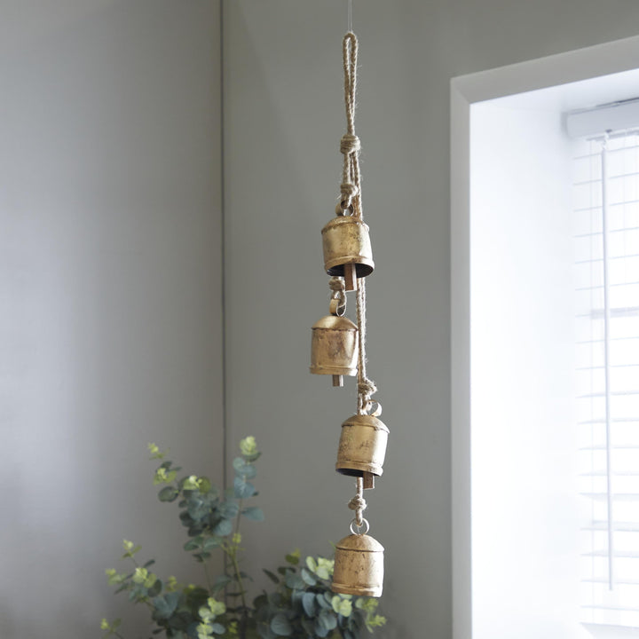 Deco 79 Gold Metal Tibetan Inspired String Hanging Decorative Bells with Jute Hanging Rope 4" x 8" x 52" - Cone 52" x 4" x 8"