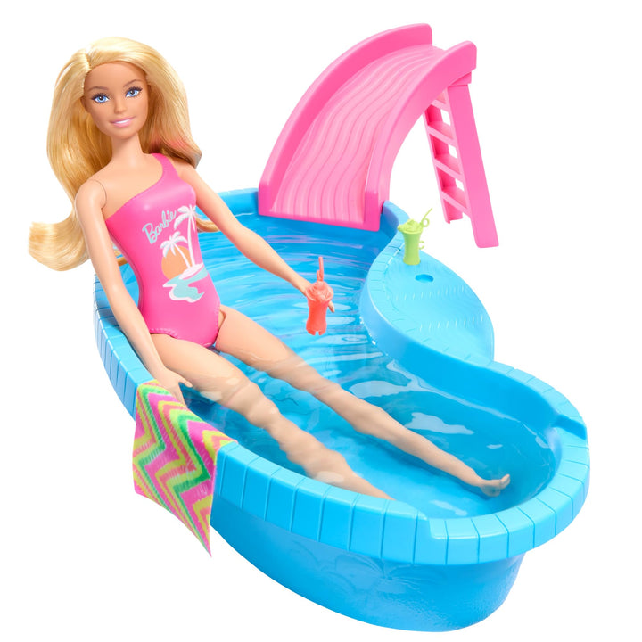 Barbie Doll & Pool Playset, Blonde in Tropical Pink One-Piece Swimsuit with Pool, Slide, Towel & Drink Accessories