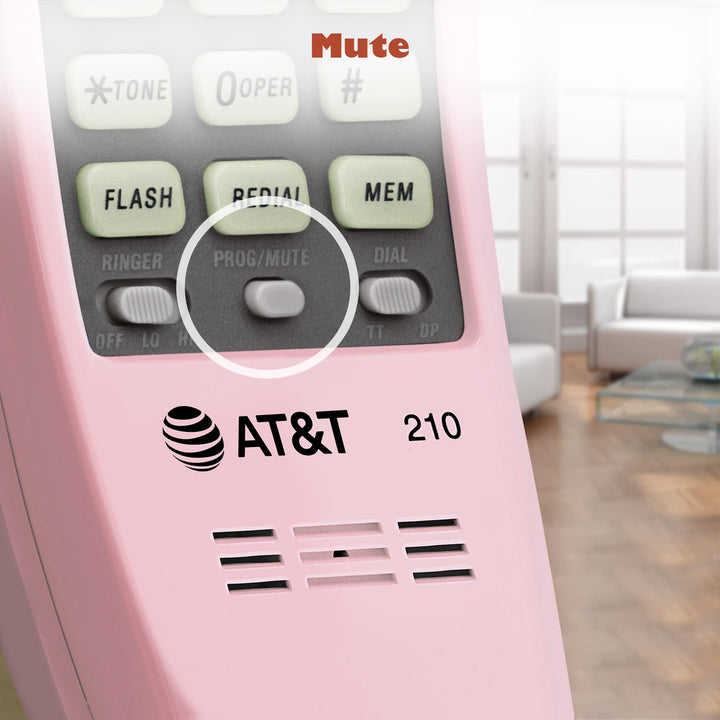 AT&T TRIMLINE 210 Corded Home Phone, No AC Power Required, Improved Easy-wall-mount, Lighted Big Button Keypad, 13 SpeedDial Keys, Last Number Redial, Mute, Flash, Volume Control, Princess Phone, PINK