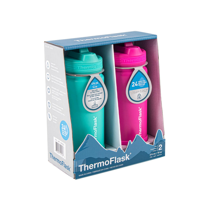 ThermoFlask 16 oz Double Wall Vacuum Insulated Stainless Steel 2-Pack of Water Bottles, Aquamarine/Storm Pink