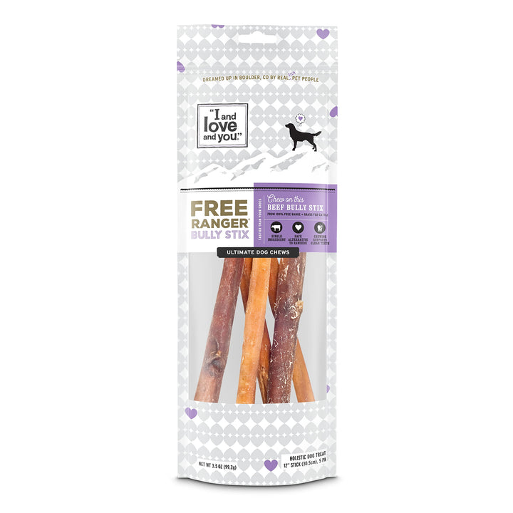 "I and love and you" Free Ranger Natural Grain Free Bully Stix - 100% Beef Pizzle, 12-Inch, Pack of 5, Model:C20020 3.5 Ounce (Pack of 1)