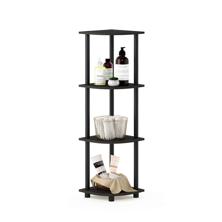 Furinno Turn-N-Tube 4-Tier Corner Display Rack Multipurpose Shelving Unit, Dark Brown Grain/Black 4-Tier Round Tube