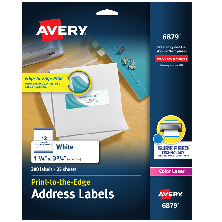 Avery Print-to-The-Edge Printable Address Labels with Sure Feed, 1.25" x 3.75", White, 300 Blank Mailing Labels (06879)