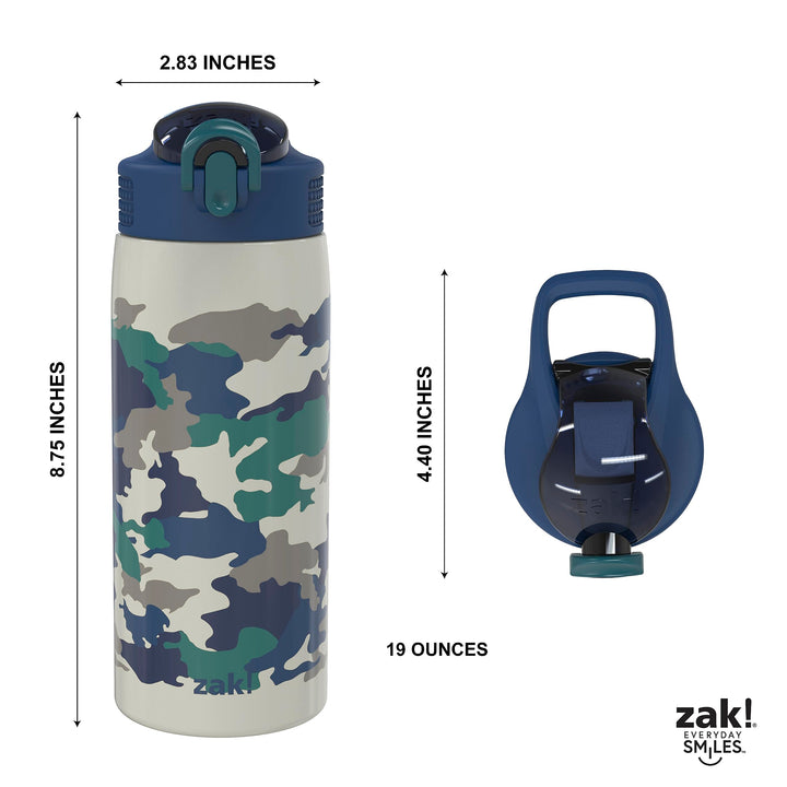 Zak Designs Water Bottle for Travel and At Home, 19 oz Vacuum Insulated Stainless Steel with Locking Spout Cover, Built-In Carrying Loop, Leak-Proof Design (Camo) Camo