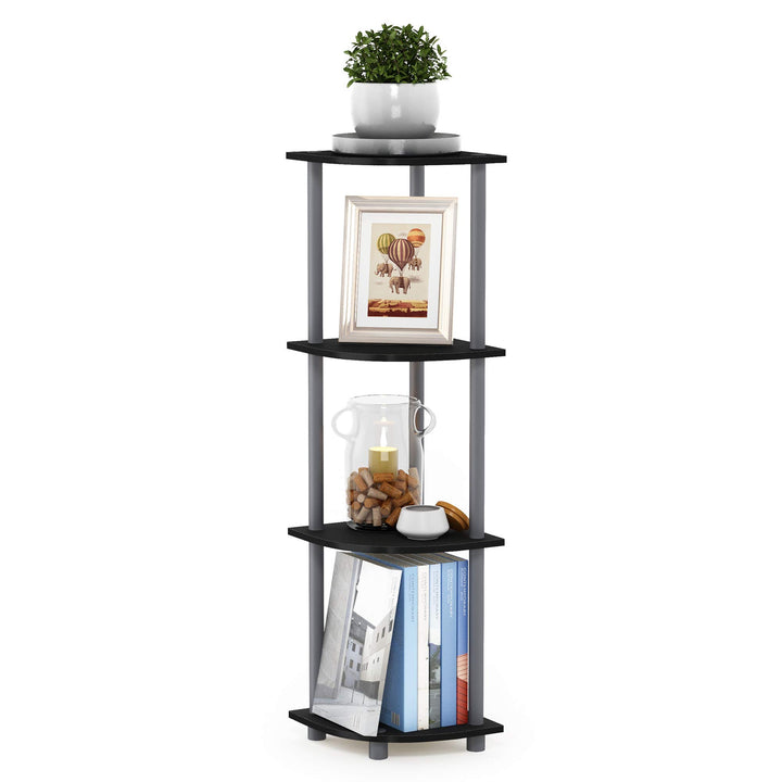 Furinno Turn-N-Tube 4-Tier Corner Display Rack Multipurpose Shelving Unit, Dark Brown Grain/Black 4-Tier Round Tube