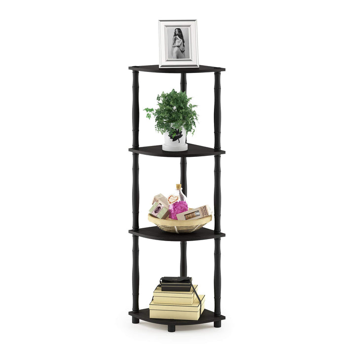 Furinno Turn-N-Tube 4-Tier Corner Display Rack Multipurpose Shelving Unit, Dark Brown Grain/Black 4-Tier Round Tube