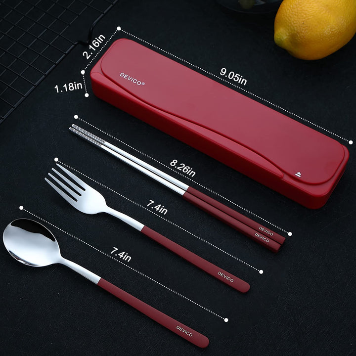 DEVICO Travel Utensils With Case, 18/8 Stainless Steel Camping Utensils, Reusable Portable Silverware Cutlery Set For Lunch Box, Include Fork Spoon Chopsticks -Red