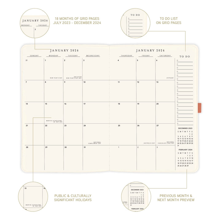 Graphique 2024 Business Planner | 18 Month Organizer, July 2023-Dec. 2024 | Weekly & Monthly Spreads | To-Do List & Note Pages | Pocket & Pen Loop | Vegan Leather | Glossy Weekend | 6 x 8