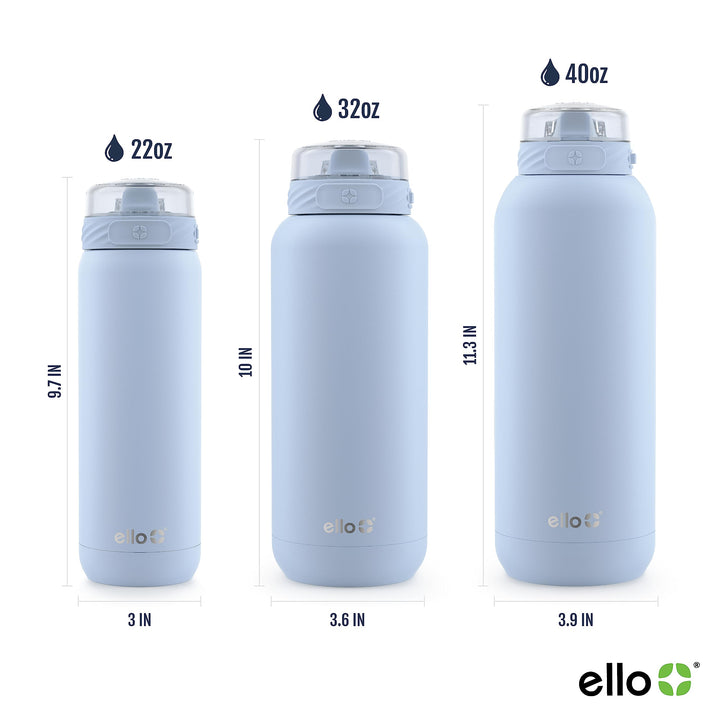 Ello Cooper Stainless Steel Water Bottle with Straw and Carry Handle, Double Walled and Vacuum Insulated Metal, Leak Proof Locking Lid with Soft Silicone Spout, Reusable, BPA Free, 22oz, 32oz, 40oz Halogen Blue