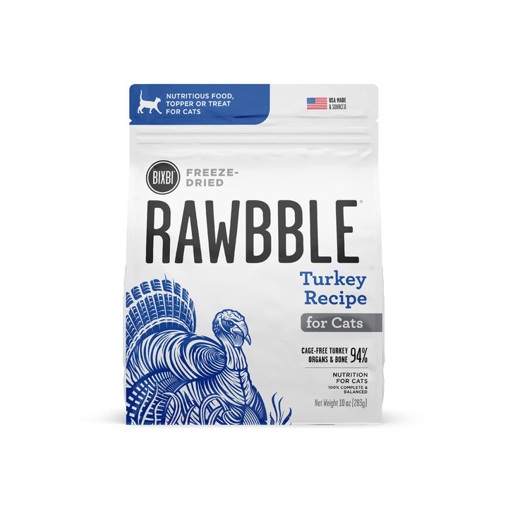 BIXBI Rawbble Freeze Dried Cat Food, Turkey Recipe, 10 oz - 94% Meat and Organs, No Fillers - Pantry-Friendly Raw Cat Food for Meal, Treat or Food Topper - USA Made in Small Batches