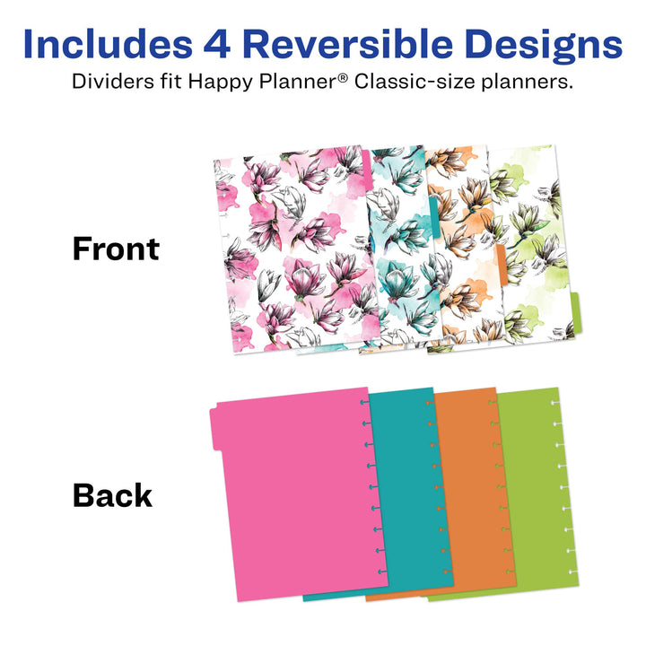 Avery Planner Dividers for Happy Planner 9-disc Classic Size Planners, 4-Tab Set, Neon Blooms Floral Design, 1 Set (25494)