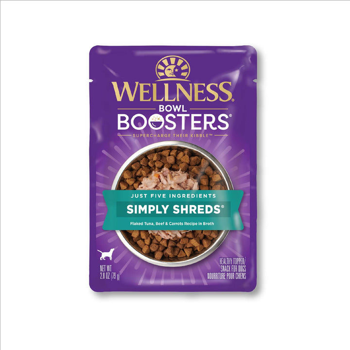 Wellness Bowl Boosters Simply Shreds Natural Grain Free Wet Dog Food Mixer or Topper, Tuna, Beef & Carrots, 2.8-Ounce Pouch (Pack of 12) 2.8 Ounce (Pack of 12)