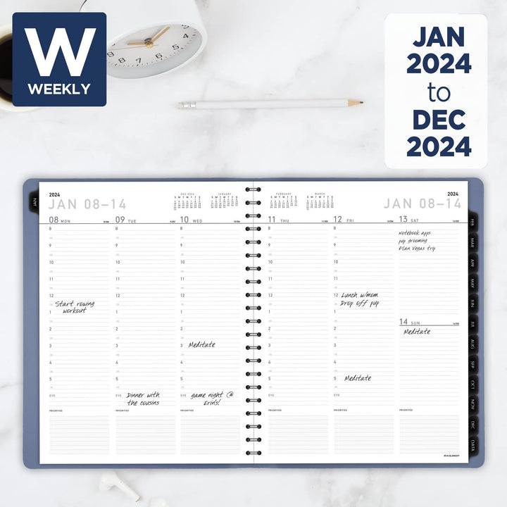 AT-A-GLANCE 2024 Weekly & Monthly Planner, 8-1/4" x 11", Large, Monthly Tabs, Faux Leather, Contemporary Lite, Slate Blue (70940X2024)