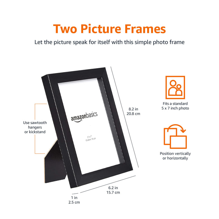 Basics Rectangular Photo Picture Frame, 5" x 7", Pack of 2, Black 5" x 7"