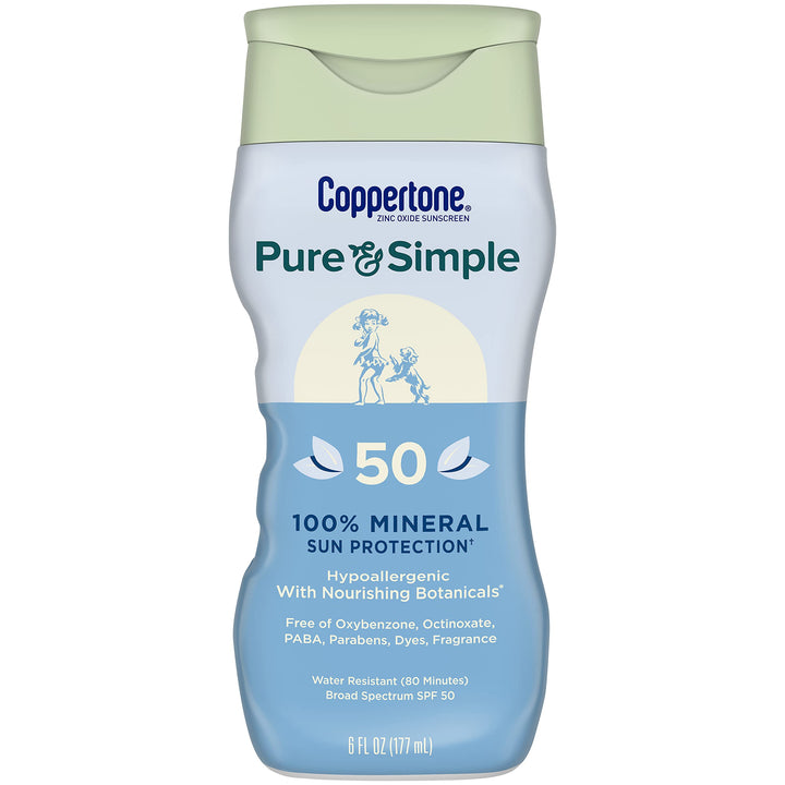 Coppertone Pure and Simple Zinc Oxide Mineral Sunscreen Lotion SPF 50, Body Sunscreen, Water Resistant, Broad Spectrum SPF 50 Sunscreen for Sensitive Skin, 6 Fl Oz Bottle 6 Fl Oz (Pack of 1)