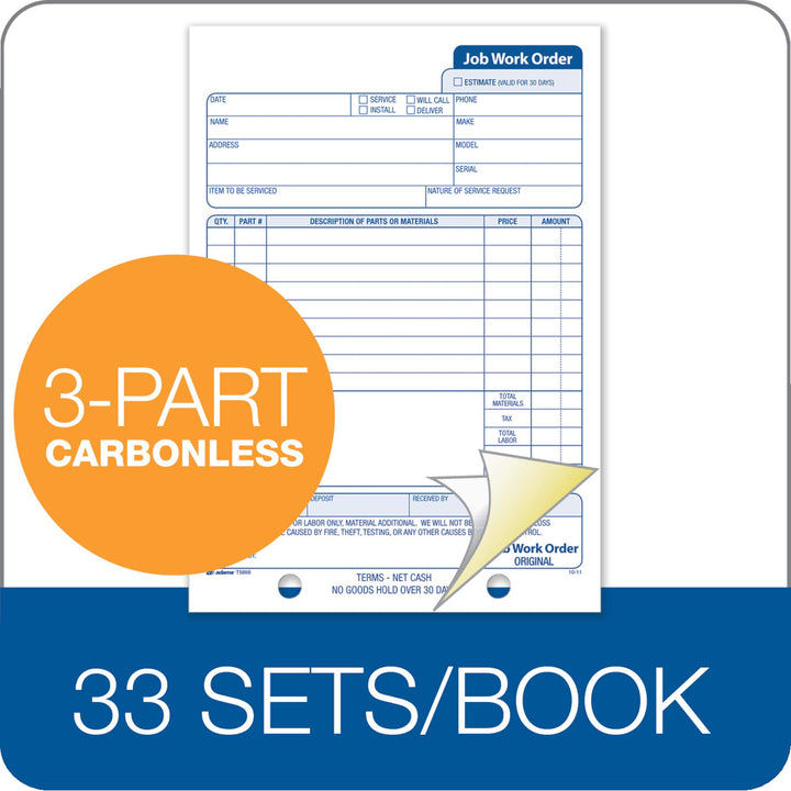 Adams Job Work Order Book, 3-Part Carbonless, White/Canary/White, 5-9/16 x 8-7/16 Inches, 33 Sets (T5868)