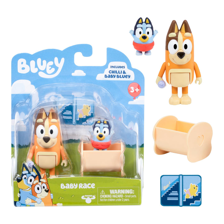 Bluey Figure 2-Pack Baby Race | 2 Figure Pack with Chilli and Baby with Cradle Accessory