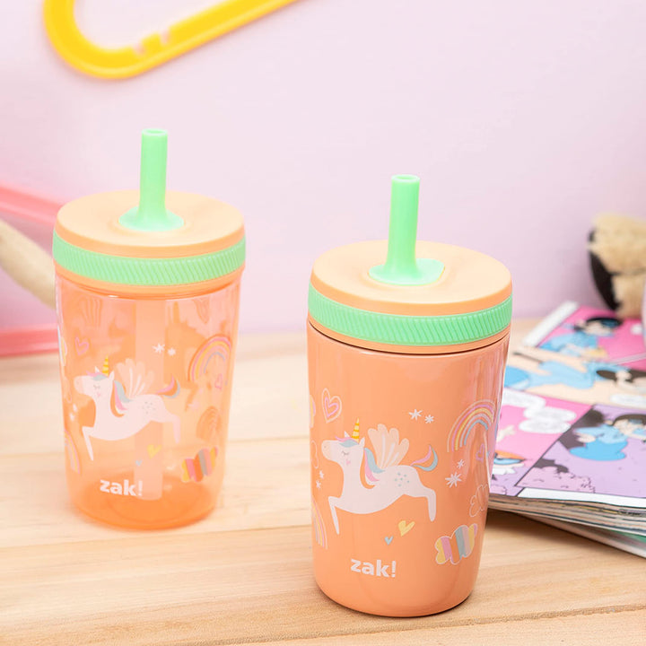 Zak Designs Unicorn Kelso Tumbler Set, Leak-Proof Screw-On Lid with Straw, Bundle for Kids Includes Plastic and Stainless Steel Cups with Bonus Sipper, 3pc Set, Non-BPA, 15 fl.oz. Classic