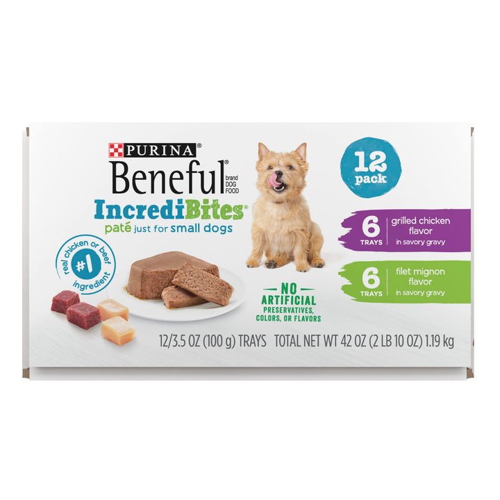 Beneful IncrediBites Grilled Chicken Flavor and Filet Mignon Flavor Wet Food for Small Dogs Variety Pack - 3.5 Ounce (Pack of 12) 3.5 Ounce (Pack of 12)